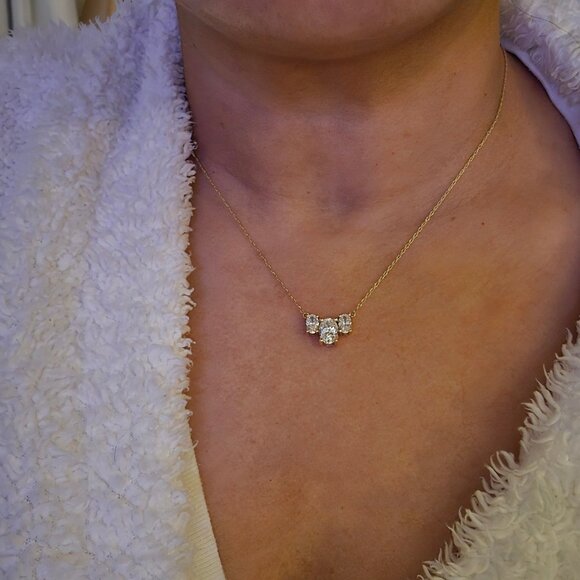 Diamonique Jewelry - Solid 14k Diamonique DQCZ Three Stone Necklace